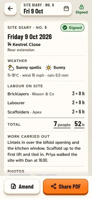 A signed site diary day, number 6, marked Signed with a lock: the weather, labour on site with 7 people and 52 hours, and the work carried out.