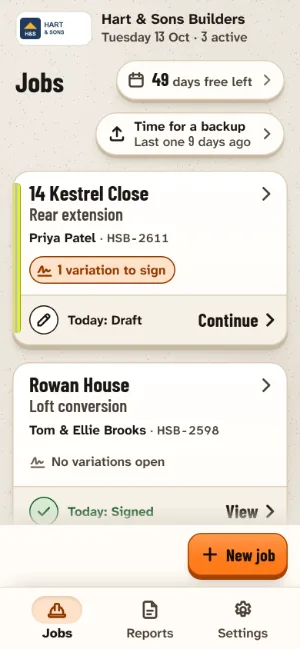 The Jobs screen for a builder: “49 days free left”, a backup reminder, and two job cards showing today’s diary as a draft on one and signed on the other.
