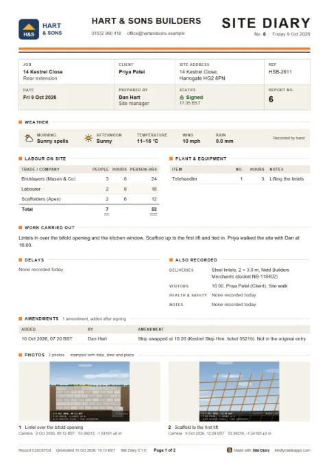 Page 1 of a signed site diary PDF for Hart & Sons Builders: job details, weather, labour and plant tables, work carried out, an amendment and two stamped photos.
