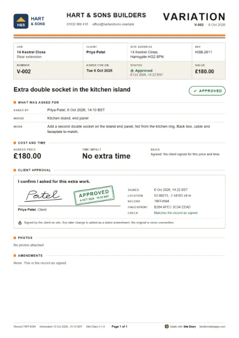 A variation record PDF, V-002, approved: the work asked for, the agreed price of £180.00, and the client’s signature with an Approved stamp, the time, the location and the record’s fingerprint.