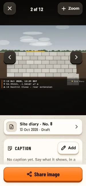 A site photo of blockwork with its stamp along the bottom: 13 Oct 2026, 12:29 BST, the GPS position to within 7 metres, and the job name.